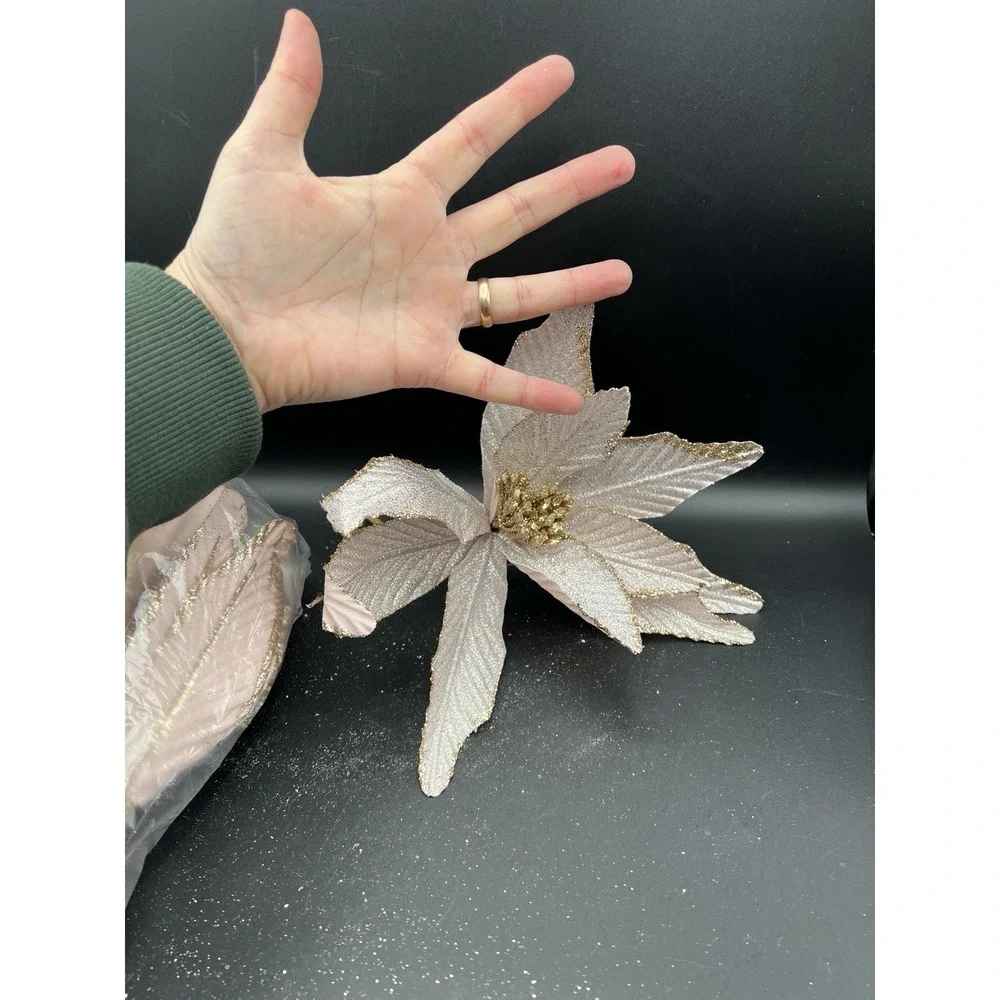 10 CHRISTMAS Poinsettia Rose Gold Glitter Tree Decor Floral‎ Pick Stem Pale Pink